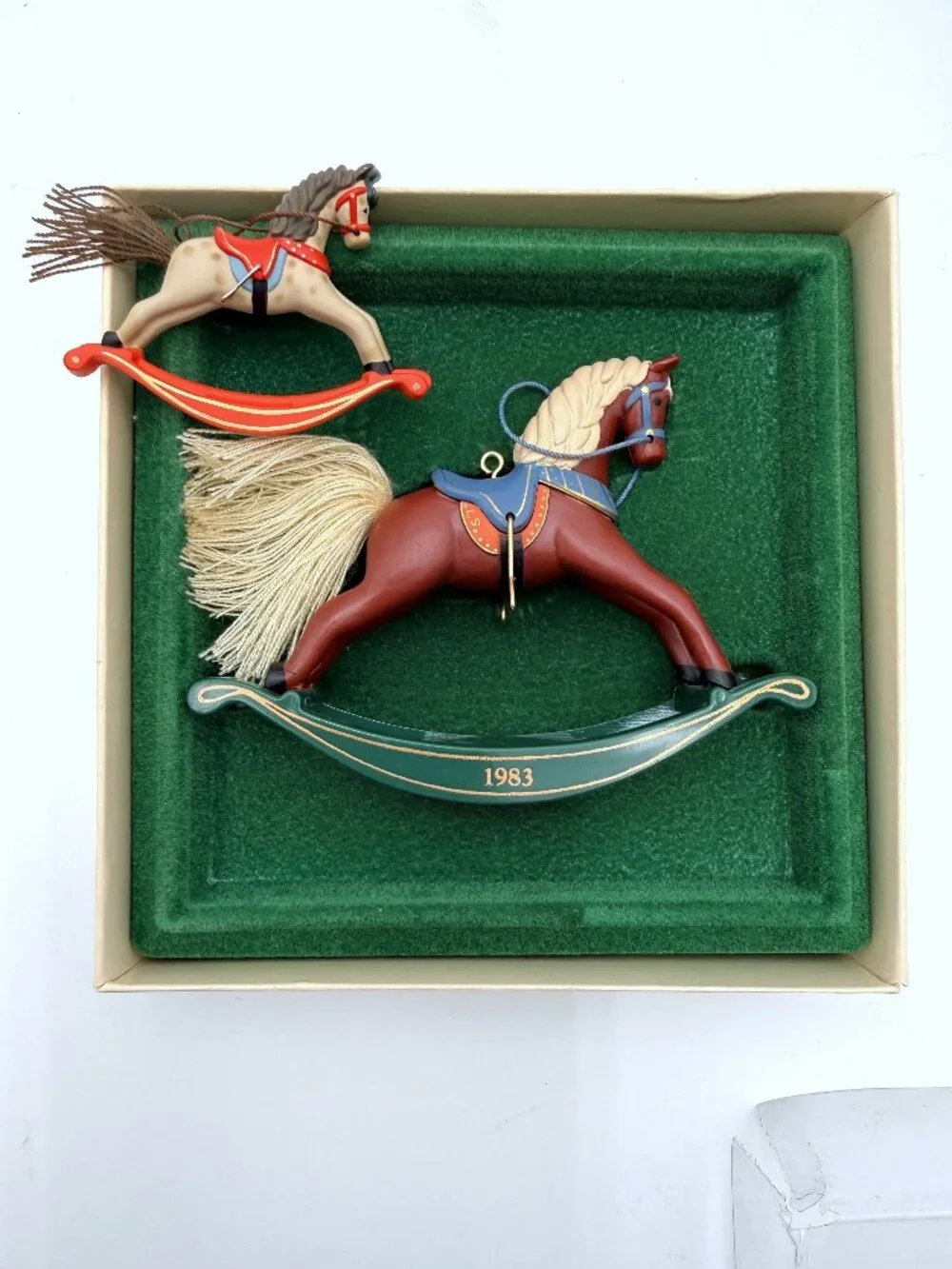 Hallmark Vtg 1983 Rocking Horse Ornament & 1981 Inspired Rocking Horse Lapel Pin